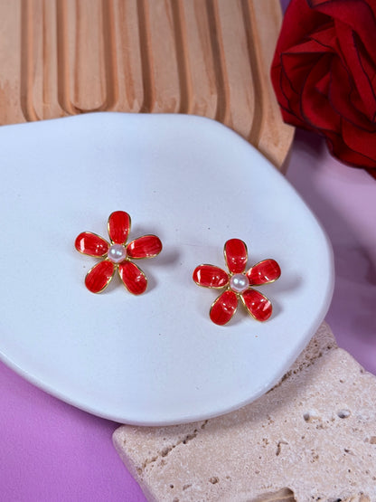Aretes Red Daisy Pearl